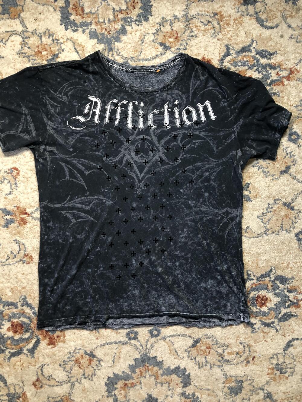 Affliction Shirt Mens 2XL Black Distressed Graphic Cross Gothic USA Made Tee